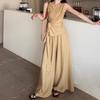 Calça Casual Solta de Verão Calça Wide Leg Conjunto Fashion de Duas Peças Terno Francês Colete LED Cruzado Top para Mulheres