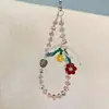Cadena para Teléfono de Cristal Rosa Brillante con Forma de Flor y Perlas, Estilo Chica Linda y Energética, Accesorio de Lanyard para Teléfono Dulce y Delicado