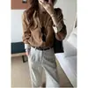 Essencial para o outonoMarrom Caramelo Italiano100% Ráfia Old Money Ombro Reto Camisa Emagrecedora para Mulheres 2608