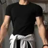 Camiseta Negra Realzadora de Músculos para Hombre, Verano Fitness Deportes Elástica Ajustada Manga Corta Cleanfit Cuello Pequeño Media Manga