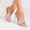 Sandálias de Salto Alto com Strass Moda Verão Novo Estilo Europeu e Americano Mule Sexy Sapatos Femininos de Salto Alto com Strass Brilhantes e Bico Quadrado Chinelos de Salto Alto