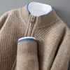 Cardigan de lã 100% pura com cor contrastante, gola alta parcial com zíper, jaqueta de tricô, suéter jacquard de manga comprida para outono e inverno