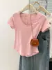 Camiseta Blanca de Manga Corta Estilo Americano con Cuello en U, de Algodón de Bambú y Lino para Mujer, Verano Delgado Casual Versátil, Top con Retazos Estilo Coreano