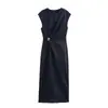 Vestido Midi de Mezclilla para Mujer Estilo Europeo y Americano Nuevo Primavera 2026 Color Sólido Sin Mangas con Abertura Decorado con Dorado