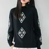Suéter de punto jacquard con patrón de diamantes vintage de algodón puro para mujer, nuevo jersey grueso y cálido de otoño e invierno con un tacto de alta gama