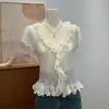 Camiseta de Punto Manga Corta con Cuello en V Fruncido Estilo Coreano para Mujer, Nueva Colección Verano 2026, Ajustada, Elegante, Versátil, Top de Alta Gama