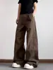 Jeans de Trabajo Lavables de Mezclilla con Diseño Desestructurado Marrón Retro para Hombre Marca de Moda Sueltos Plisados Rectos Pierna Ancha Pantalones Largos