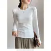 Camiseta Blanca de Algodón Puro con Canalé para Mujer 2026 Nueva Cuello Redondo Manga Larga Corte Ajustado Camiseta Interior Estilo Primavera/Otoño Chic