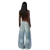 Jeans azul de corte curvo, estilo americano moderno, de alta qualidade, perna larga, corte solto, versátil, estilo de rua, com lavagem pesada, unissex