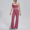 Conjunto Esportivo de Yoga para Mulheres com Cores Blocadas Transfronteiriças, Colete Escovado com Decote U, Calças de Yoga de Cintura Alta, Calças Flare para Atividades ao Ar Livre, Calças de Pernas Largas