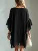 Vestido Minimalista Negro de Gasa 2026 con Mangas Volantes, Corte Holgado, Favorecedor, Vestido de Vacaciones Casual y Relajado