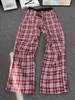 Pantalones Cuadros Rojos Estilo Retro Americano para Hombres y Mujeres, Nuevo Estilo de Verano, Pantalones Cuadros Plisados Bloque de Color, Pantalones Largos Casuales de Pierna Recta