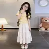 Traje de Falda de Manga Corta de Verano para Niñas, Moda Nueva Estilo Celebridad de Internet, Falda para Niña Pequeña, Top de Retazos, Conjunto Casual de Dos Piezas