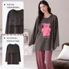 Nuevo conjunto de pijama de algodón puro para mujer con sujetador incorporado, caracterizado por mangas largas y pantalones largos, un diseño de dibujos animados y un estilo cómodo e informal que también se puede usar como ropa de estar en casa.
