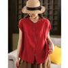 Top Colete Feminino Sem Manga de Algodão e Linho Estilo Retro Literário Fresco e Solto Gola de Renda Cardigã com Botão Moda