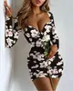 Vestido Estampado Bodycon Ajustado Sexy de Manga Larga con Cuello Cuadrado para Mujer, Otoño 2022, para Vacaciones en la Playa