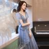 Vestido de Noite Céu Estrelado Azul Estilo Verão 2026 Elegante e Etéreo, Valoriza o Corpo e Emagrece, Adequado para Banquetes de Socialites e Anfitriãs