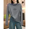 Nueva colección de otoño: Camiseta de manga larga para mujer, estilo dos piezas, 100% algodón, top gris estampado, versátil, elegante y con un toque de alta gama, perfecta como capa base.