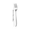 Juego de cinco piezas de cubiertos de acero inoxidable: cuchillo, tenedor y cuchara. Cuchillo para bistec, tenedor y tenedor para fruta para el hogar. Cuchara para estudiante. Logotipo imprimible.