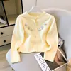 Cárdigan de punto suave floral tridimensional de estilo coreano para mujer, dulce cárdigan de punto con cuello redondo, blanco, talla única