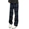 Pantalones a cuadros tie-dye estilo retro americano azul marino para hombre, pantalones de otoño de pierna recta acampanada con un look deportivo casual que estiliza.