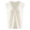 Chaleco de cachemira con cuello en V bordado y hebilla, top de punto sin mangas, moderno y elegante para usar en capas, perfecto como prenda exterior