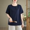 Verano 2026 Nuevo Estilo Talla Grande Holgado Casual Algodón y Lino Top con Cierre de Botones Retro, Camiseta de Manga Corta Color Bloqueado Color Sólido Estilo Zen