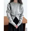 Suéter de punto elegante de estilo coreano para otoño, cuello redondo, con cremallera, corte holgado, versátil, de manga larga, en color liso, para mujer