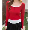 Tiro Real # Camiseta de Encaje Patchwork Roja de Dos Piezas de Manga Larga para Mujer, Camiseta Básica de Primavera y Otoño.