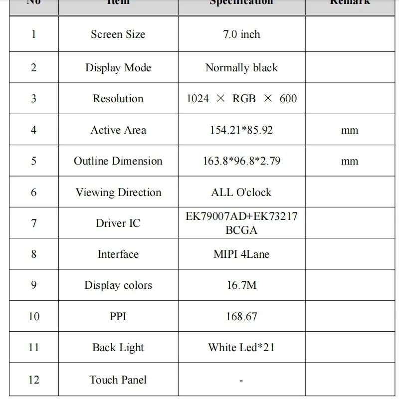 7寸mipi30pin窄边框