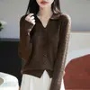 Suéter de Tricô com Gola de Lã Lisa para Mulheres, Pulôver Versátil para Primavera e Outono, Suéter de Lã com Tricô em Ponto Trançado, Blusa com Gola Polo
