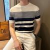 Verano Estilo Coreano Estilo Maduro Ligero Rayas de Contraste Degradado Camiseta Tejida de Seda de Hielo de Manga Corta para Hombre Moda Casual Top de Cuello Redondo