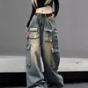 Jeans de trabalho wide leg estilo retro americano high street feminino outono novo design de cintura baixa calças soltas afuniladas moda