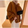 Suéter oversized de cuello redondo estilo francés, ajuste holgado, relajado, con mangas plisadas, para mujer, en color rojo, diseño de punto pullover estilo coreano para otoño e invierno