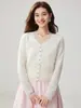 Cárdigan de punto de cachemira con ribete de encaje para mujer, cuello en V, manga larga, corto, elegante francés, versátil, color liso, chaqueta de botones