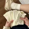 Calcetines Cortos para Mujer para Primavera y Verano, Calcetines de Algodón Delgados Completamente Blancos con Lazo, Encaje Rayado, Estilo Lindo Japonés, Calcetines de Media Caña para Estudiantes JK