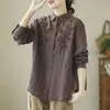 Nuevo Top de Lino Bordado Retro para Mujer Primavera y Verano, Camisa Holgada Adelgazante de Algodón y Lino de Manga Larga
