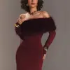 Moda Elegante Nueva de Otoño e Invierno Estilo Europeo y Americano Transfronterizo Vestido Delgado Elegante con Cuello de Piel de Hombro Único de Manga Larga para Mujer