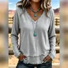 2026 Nueva Ropa de Otoño Transfronteriza Europea y Americana para Mujer Casual Holgada Color Sólido Cuello en V Manga Larga con Flecos Camisa