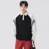Moletom Masculino de Tecido Pesado Dupla Face com Gola Lapela para Primavera e Outono 2025 Novo Costura Listrada Manga Raglan Gola POLO Solto Manga Longa