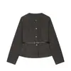 Comercio Exterior Europeo Transfronterizo Otoño Nueva Ropa para Mujer Manga Larga Cuello Redondo con Cinturón Color Sólido Material Suave Prendas de Abrigo
