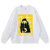 Camiseta de manga corta con estampado de anime japonés, lavado desgastado, talla grande, holgada, cuello redondo, manga larga