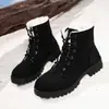 Botas de Neve Femininas Botas Curtas de Cano Curto Outono Inverno 2025 Botas Quentes com Cadarço Salto Quadrado Estilo Coreano Tendência Sapatos de Algodão Fornecidos Diretamente pelo Fabricante