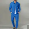 Traje Deportivo Casual para Hombre, Nuevo Otoño Tejido Waffle con Bolsillo con Cremallera Cuello Solapa Chaqueta Cardigan y Pantalones Conjunto de Dos Piezas