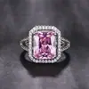 Runxin nuevo anillo colgante rectangular de circón rosa para mujer, anillo de apertura ajustable simple y de moda, imitación de turmalina rosa