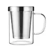 Taza de Té de Vidrio con Asa, Revestimiento de Acero Inoxidable, Taza de Té de Flores con Filtro, Taza para Beber, Taza Resistente al Calor con Separación de Agua y Té, Taza de Tres Piezas