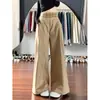 Pantalones de pierna ancha con retazos en la cintura de cuadros caqui para mujer, Nuevo estilo Verano 2025, Estilo perezoso petite, Pantalones casuales de traje para primavera y otoño