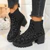 Botines Martin Cortos de Talla Grande para Mujer 2025 Otoño e Invierno Nuevos Estilo Europeo y Americano Estampado de Leopardo Tacón Cuadrado Cremallera Lateral Botines Chelsea para Mujer