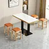Mesa y Sillas de Comedor de Losa de Roca con Bordes Dorados, Taburetes de Madera Maciza, Juego de Mesa y Sillas para Restaurante, Cafetería o Tienda de Snacks y Bebidas para Uso Comercial