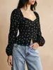 Top negro de mujer transfronterizo con estampado floral, escote cuadrado, escote de corazón, mangas abullonadas, entallado a la cintura, adelgazante, de longitud corta, camisa de manga larga